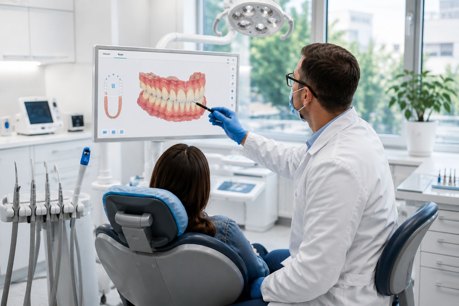 Dentist reviewing a 3D dental scan with a patient in a modern operatory